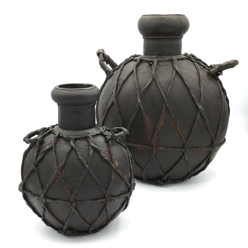 Italian Decorative Leather Wrapped Metal Canteen Water Jugs 12” & 8” Set of 2 - Picture 3 of 16